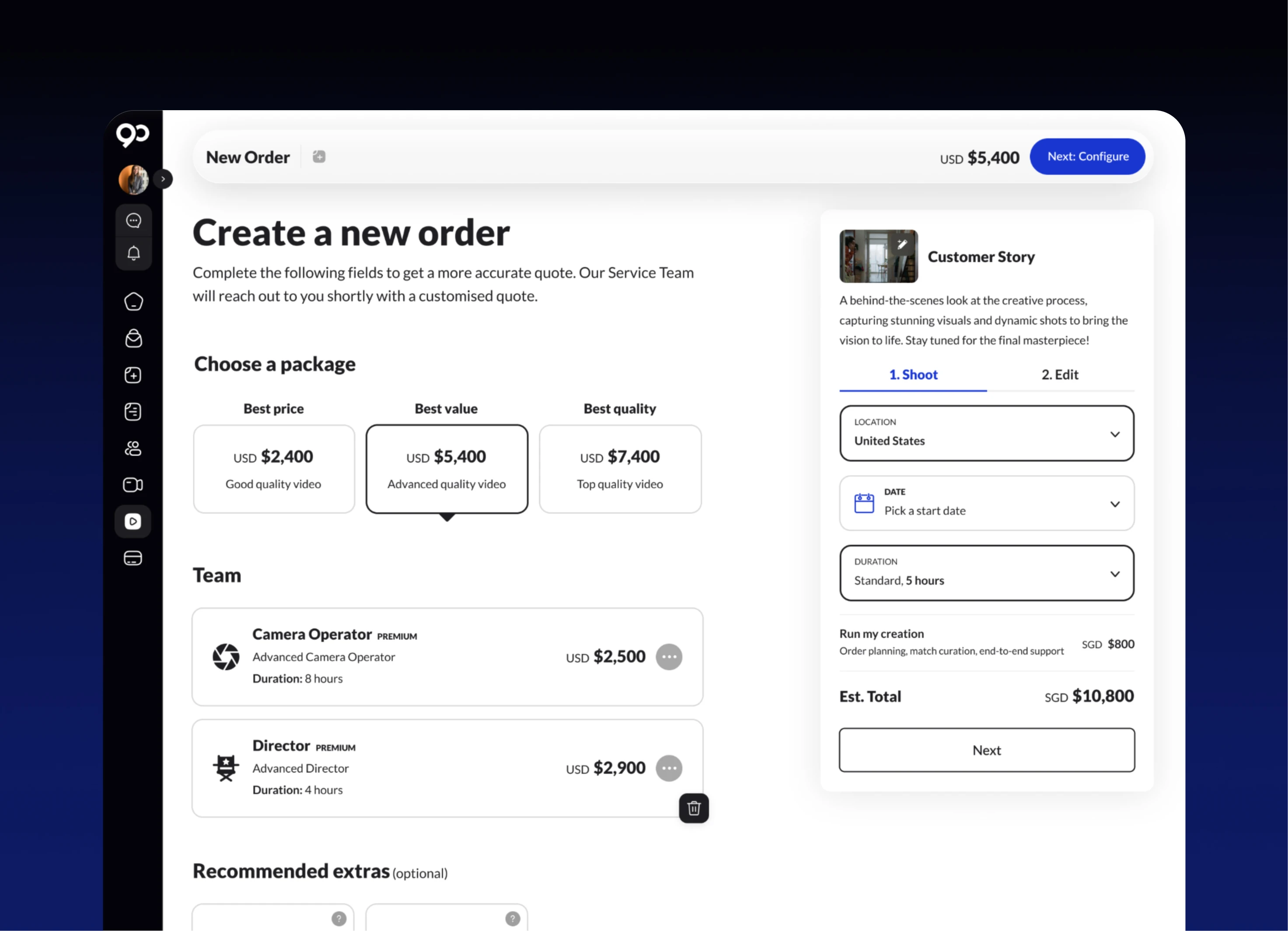 90 Seconds "Create a new order" page. Top header shows USD $5,400 and a blue "Next: Configure" CTA. The page asks "Choose a package" with three cards (Best price $2,400, Best value $5,400, Best quality $7,400, with the middle one selected). A Team section adds a Premium Camera Operator at $2,500 (8 hours) and a Premium Director at $2,900 (4 hours), with a Recommended extras strip below. A right-rail "Customer Story" panel walks through Shoot and Edit steps with Location, Date, and Duration dropdowns, a "Run my creation" toggle, and an estimated total of SGD $10,800.