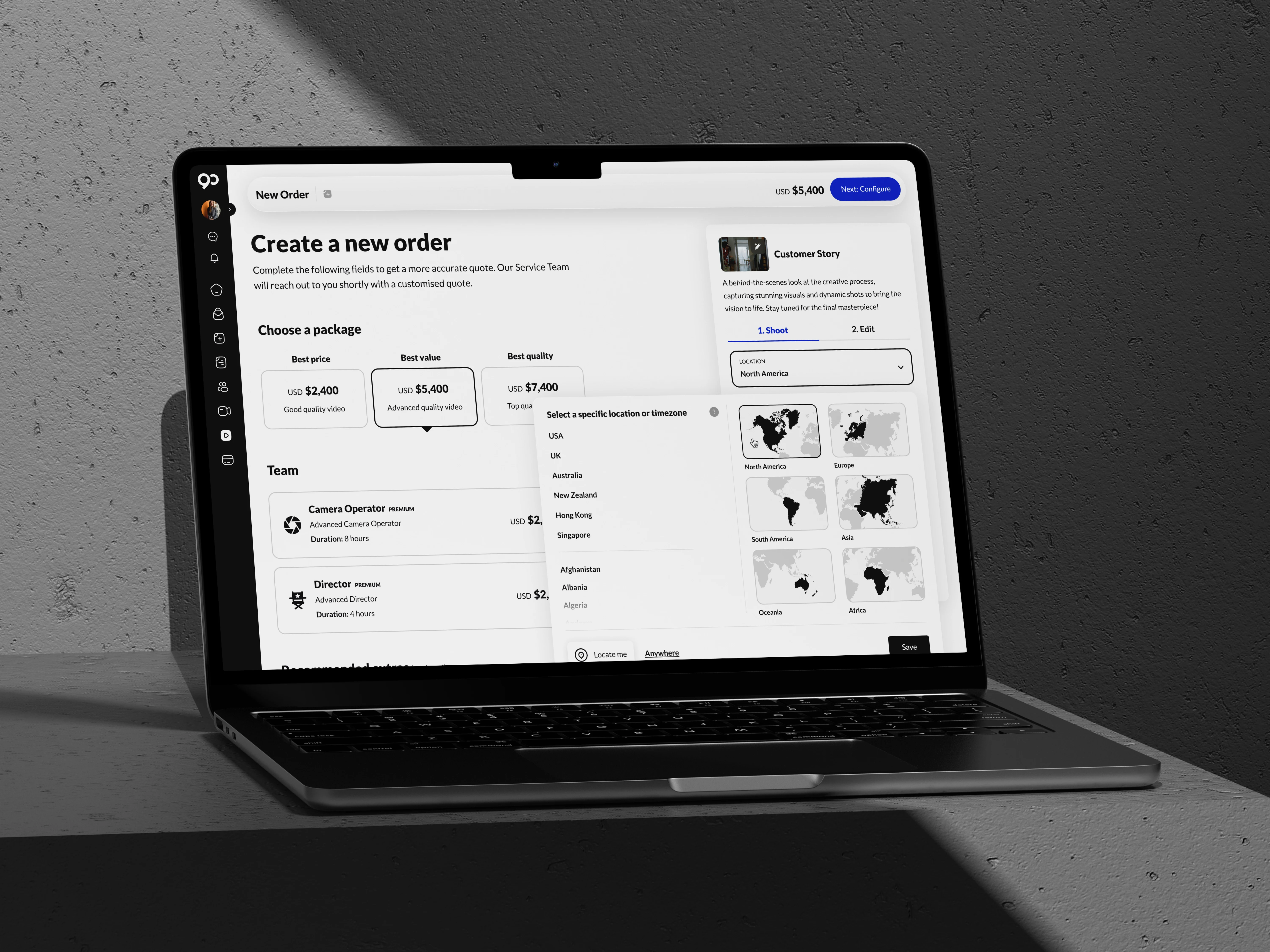 90 Seconds order builder shown on a laptop, with package selection, customer story details, team roles, recommended extras, and a location or timezone picker open.