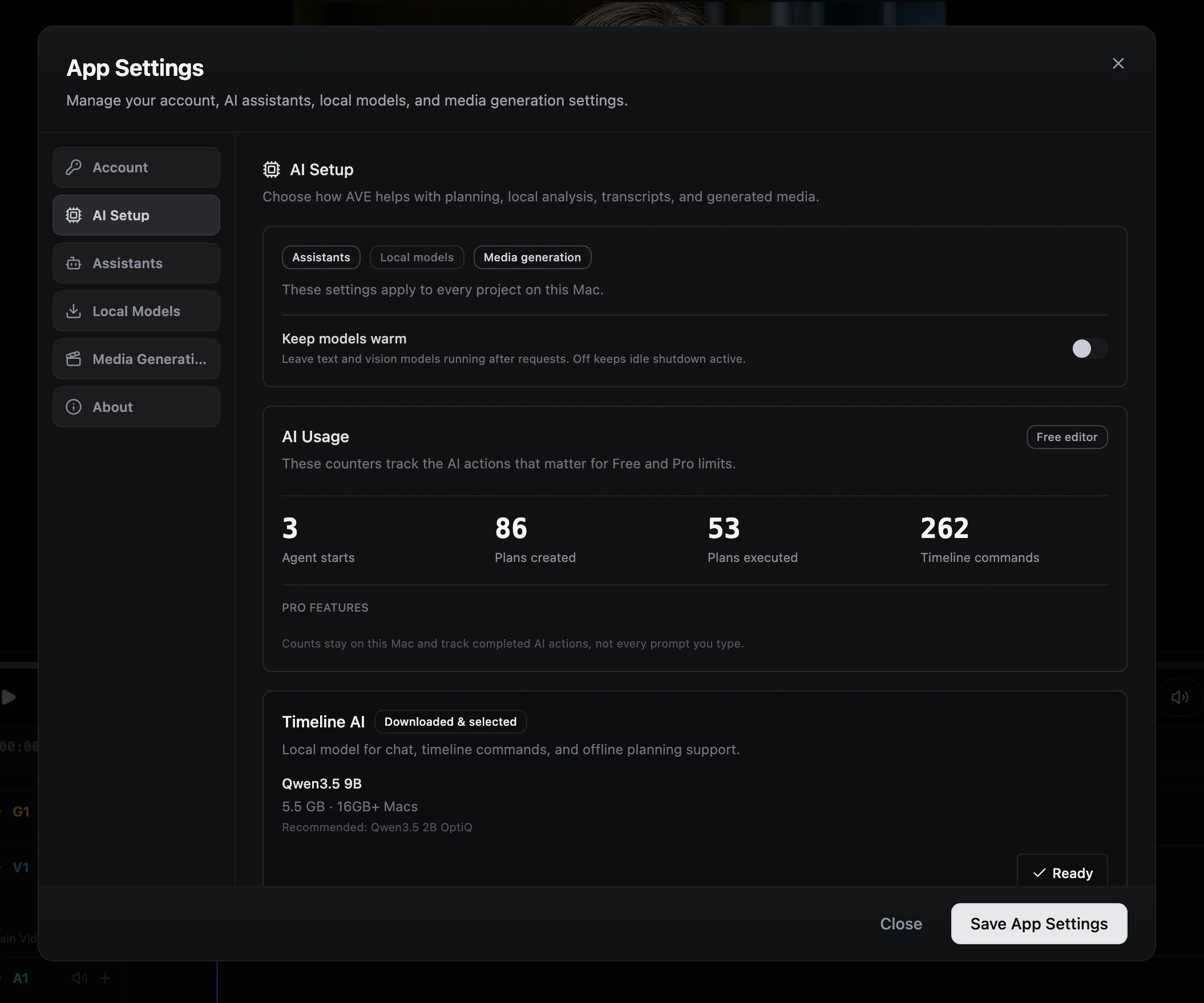 AVE app settings modal open to AI Setup, showing assistant, local model, and media generation tabs, AI usage counters, and a selected local timeline AI model.