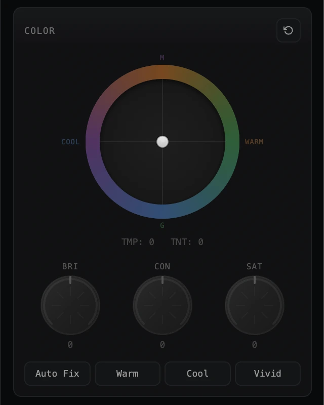 AVE color controls showing a color wheel, temperature, tint, brightness, contrast, saturation, and preset buttons for Auto Fix, Warm, Cool, and Vivid.