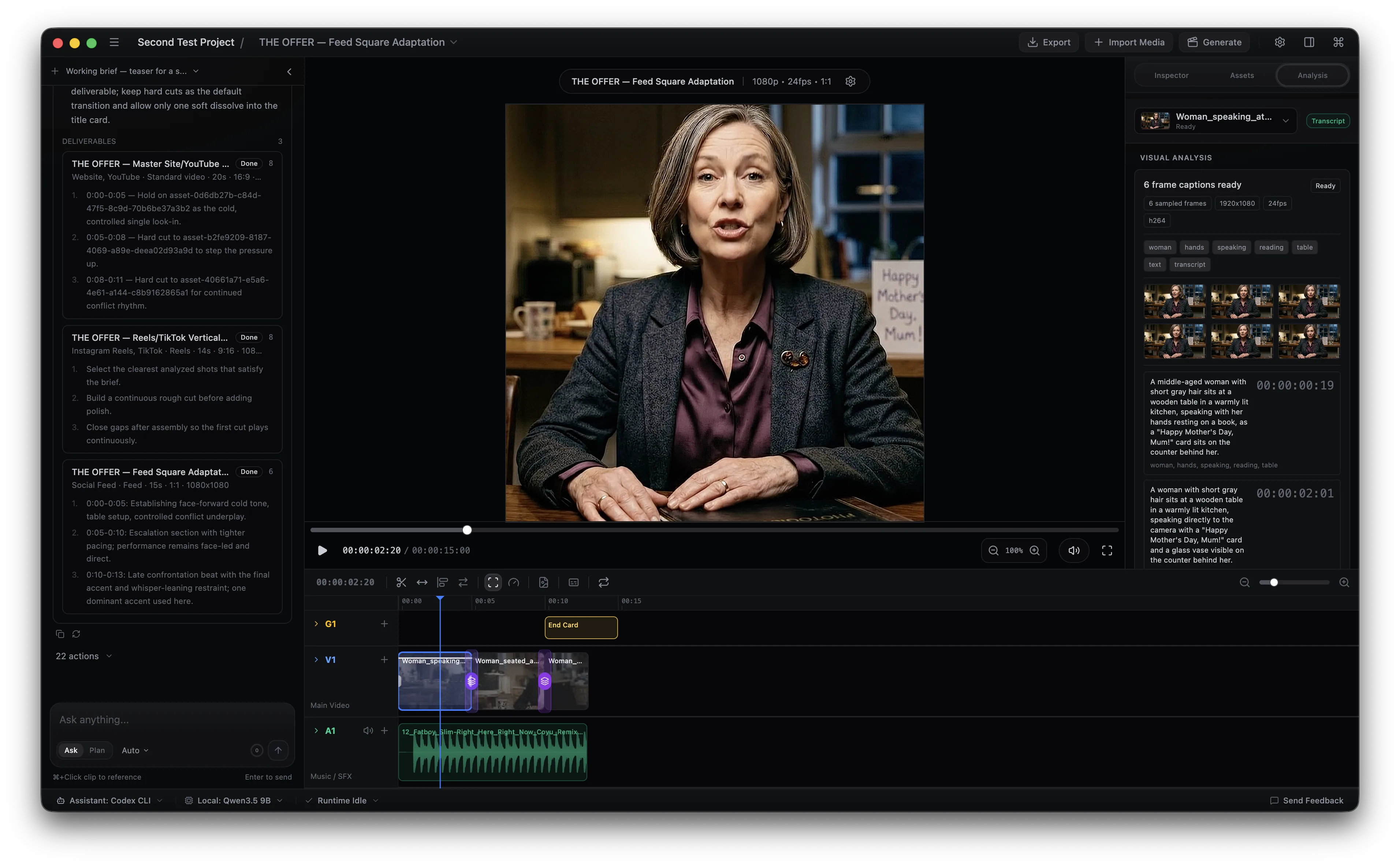 AVE editor showing Ask and Plan deliverables, a square social video preview, timeline tracks with video and audio clips, and the visual analysis panel for the selected source clip.