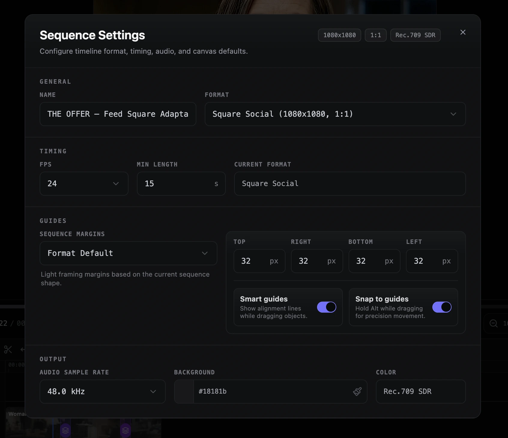 AVE sequence settings modal for a square social sequence, with format, frame rate, minimum length, safe margins, smart guides, snap guides, audio sample rate, background, and Rec. 709 SDR color controls.