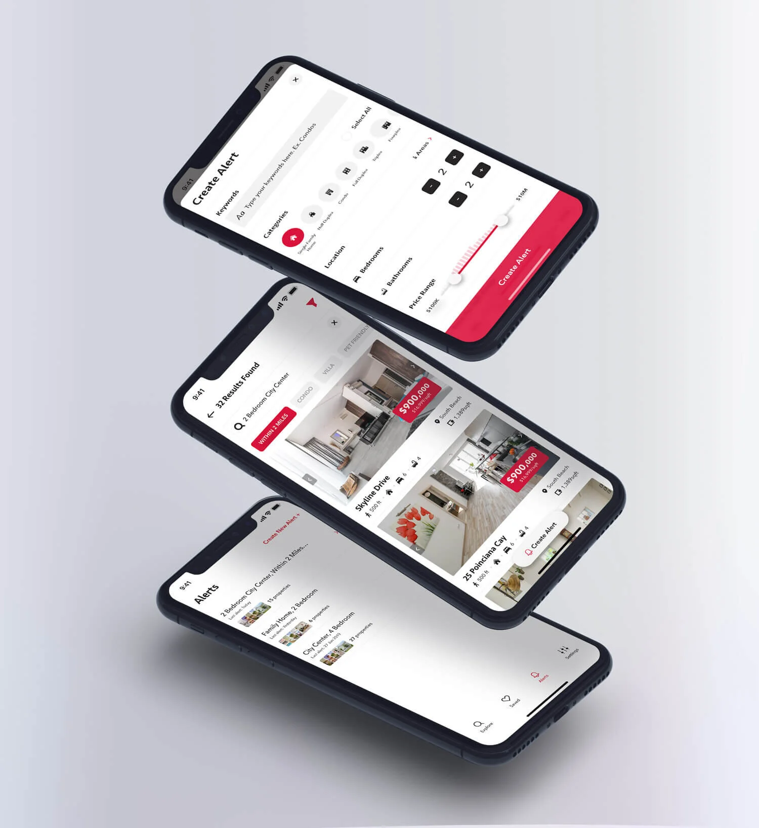 Three iPhones diagonally cascade down a soft grey backdrop. Top phone: the Create Alert sheet with keywords input, Categories chips, Location button, Bedrooms / Bathrooms steppers (2 each), a Price Range slider and a red "Create Alert" CTA. Middle phone: a "32 Results Found" search returned for "2 Bedroom City Center" with property cards (Skyline Drive, 25 Polnciana Cay) at $900,000 each. Bottom phone: the saved Alerts list showing "2 Bedroom City Center: Within 2 Miles…" plus other saved searches with property counts.