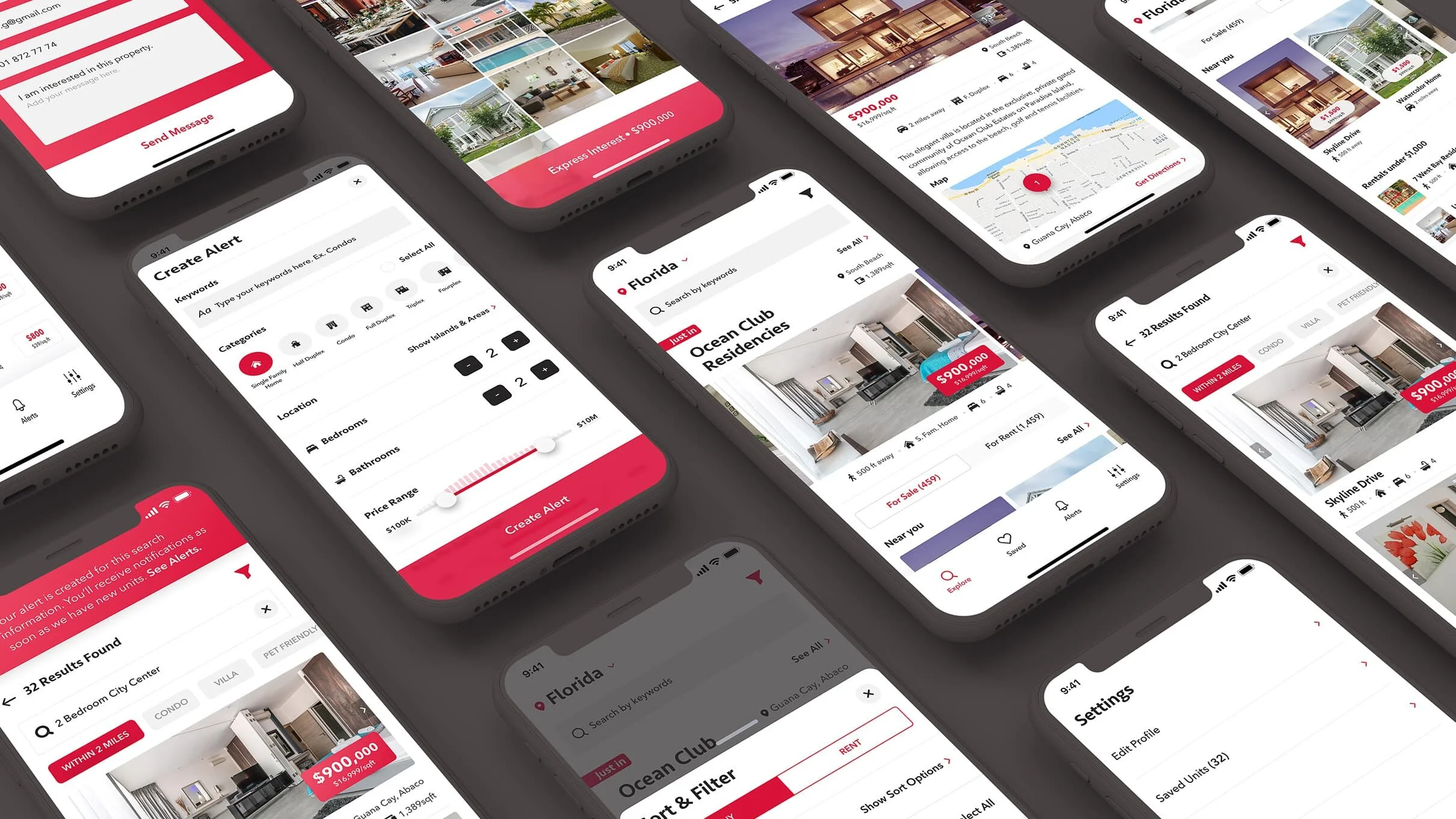 belowmrkt screen system shot from above on a dark grey backdrop. A dozen iPhones lie at angles across an isometric grid, each showing a different surface of the app: the property contact form with a red "Send Message" CTA, the listing detail with map and "Get Directions", the Florida home feed with "Ocean Club Residencies", the Sort & Filter modal, the Create Alert form with category chips and price slider, the saved-searches Alerts list, the Settings page, and the search results with property cards.