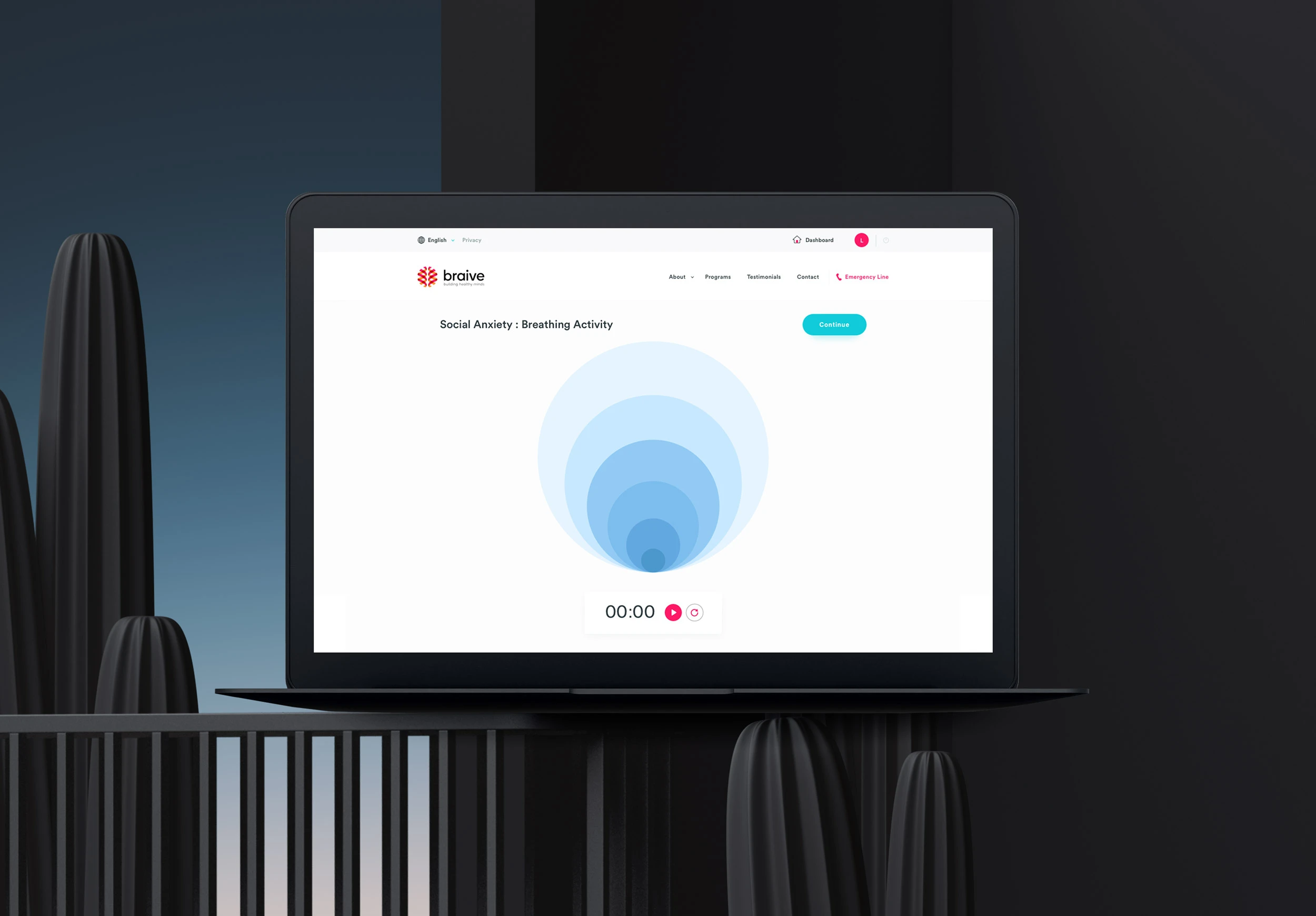 Braive "Social Anxiety: Breathing Activity" on a laptop staged against a dark backdrop with reed-like silhouettes. Centred on the screen is a calming pattern of concentric pale-blue circles for paced breathing; a 00:00 timer, play, and reset controls sit just below. A turquoise "Continue" pill sits top-right beside the navigation. Nothing else competes for attention.