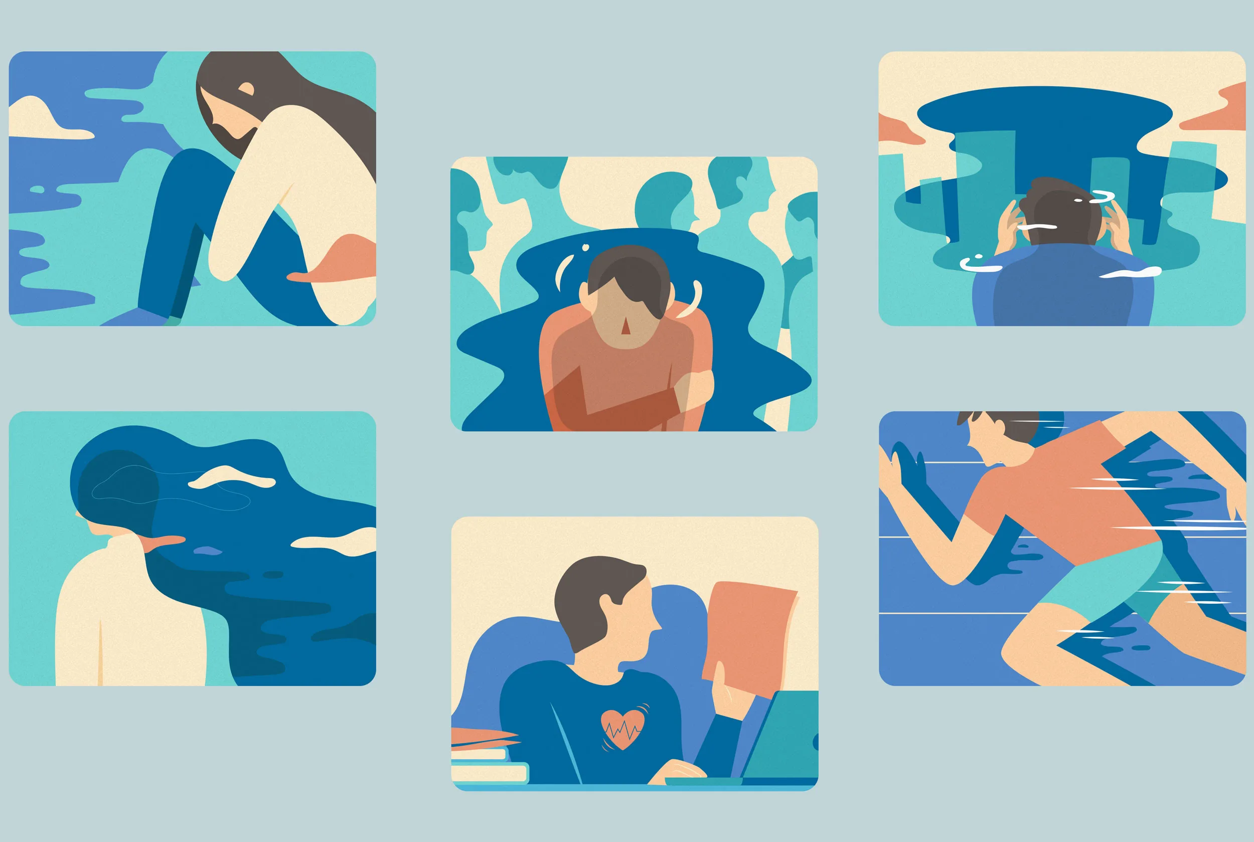 Six custom Braive illustrations on a soft blue-grey background, arranged in two rows. A woman sitting cross-legged hugging her knees by a window. A figure crouched and curled in waves of blue and beige. A person up to their shoulders in water with hands over their head, ringed by a downward-spiralling shape. A figure whose head dissolves into a swimming blue creature. A person at a desk reading a page over an open laptop and a stack of books, a heart on their sweater. A swimmer mid-stroke through angled blue lanes. The set replaces the clinical stock imagery the category defaults to.