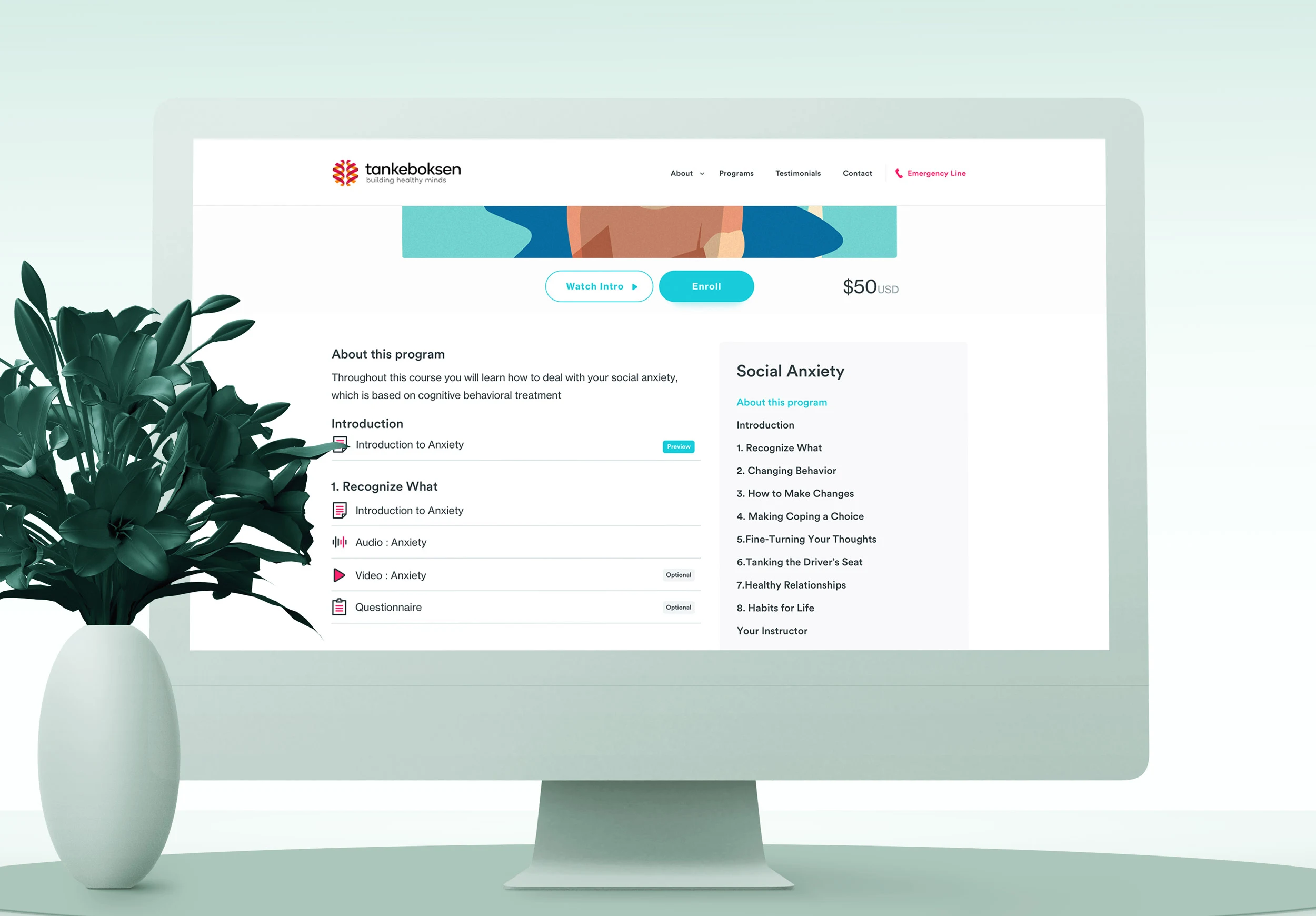Braive social-anxiety program page on a desktop monitor, showing the course overview, intro module, lesson list, program navigation, enroll action, and price.