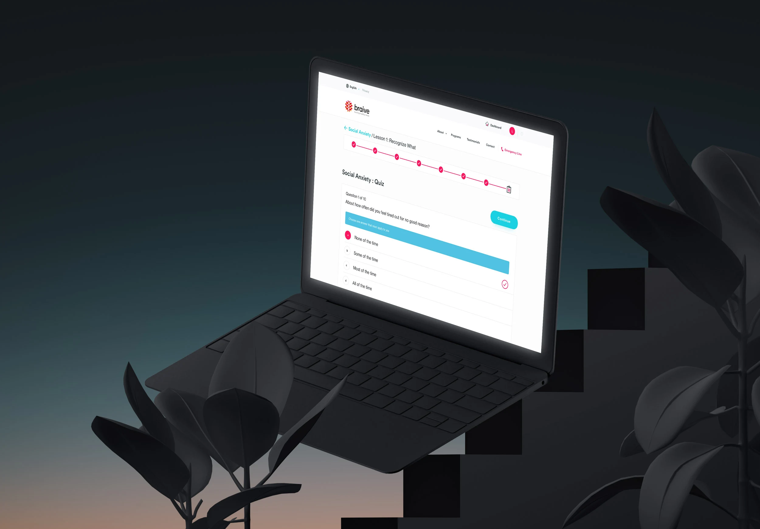 Braive social-anxiety quiz shown on a laptop in a dark environment, with a lesson progress tracker, multiple-choice question, selected answer state, and continue action.