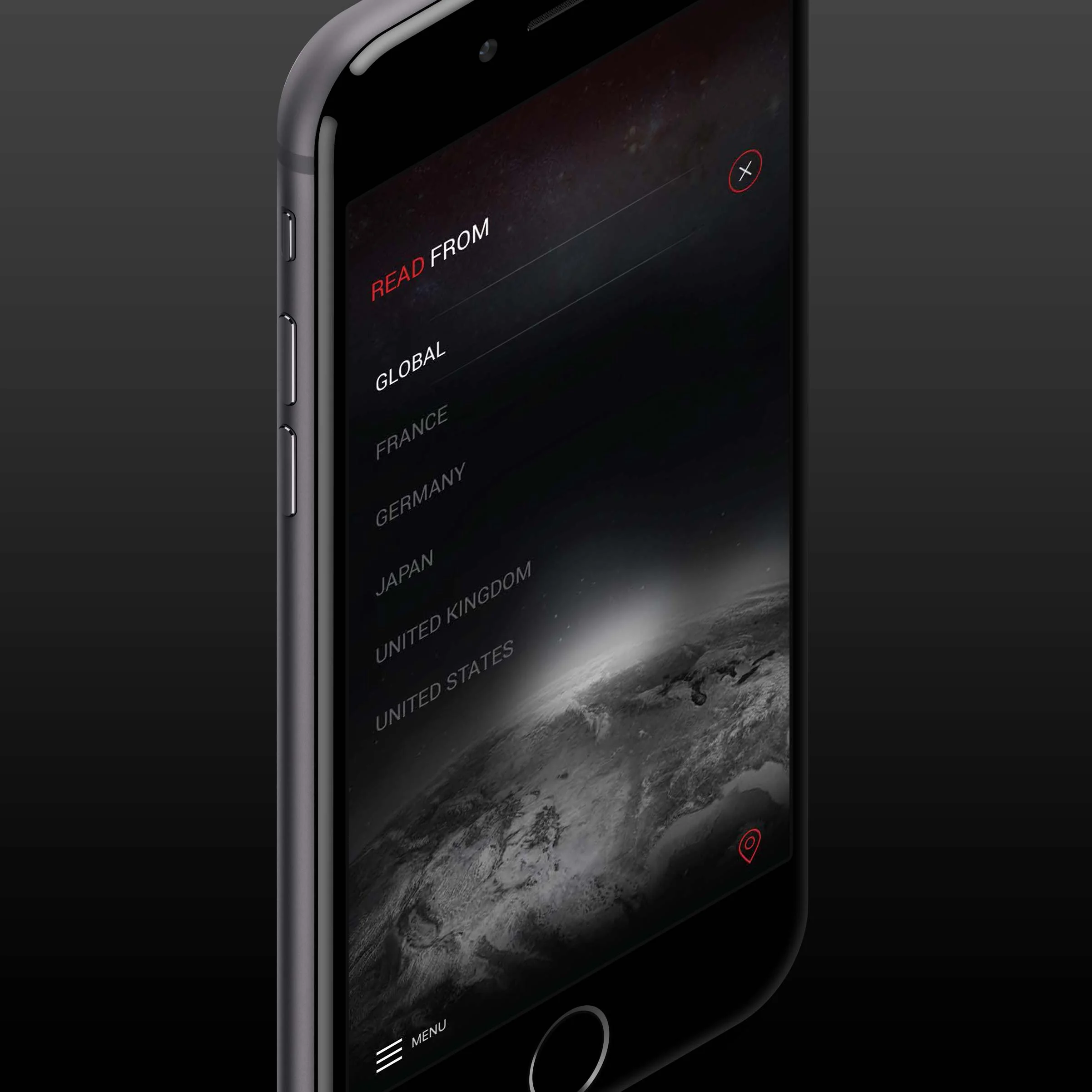 Bundle News country selector on iPhone titled READ FROM, listing Global, France, Germany, Japan, United Kingdom, and United States over a dark Earth-from-space background.