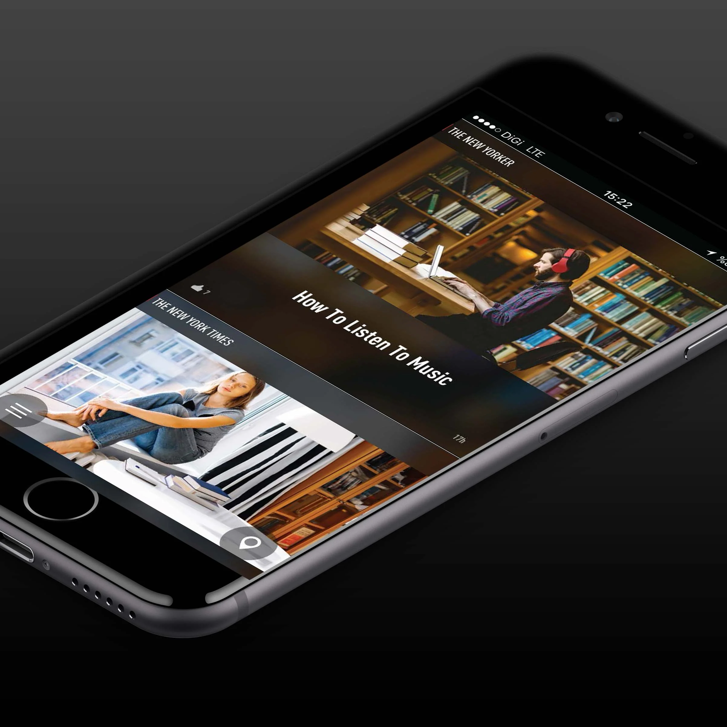 Bundle News reading view on iPhone with two stacked story cards ("How To Listen To Music" from The New Yorker and a New York Times feature) laid out as full-bleed photo cards in the app's editorial dark theme.