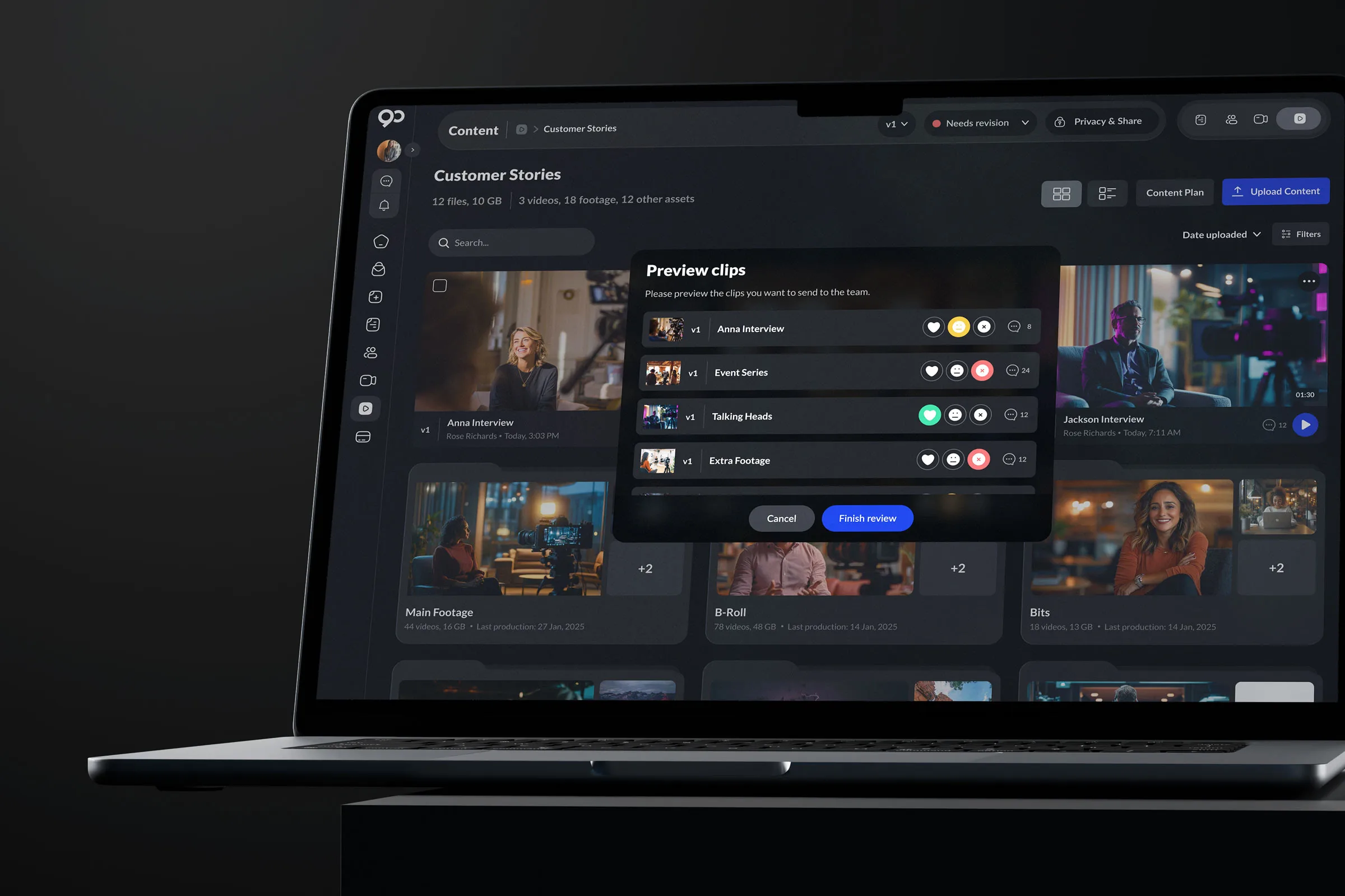 Content Manager asset library on a MacBook in a dark theme. The breadcrumb reads "Content > Customer Stories"; the header shows 12 files, 10 GB, with metadata strips for 3 videos, 18 footage, 12 other assets. A grid of asset cards (Anna Interview, Jackson Interview, Main Footage, B-Roll, Bits) sits behind a centred "Preview clips" modal that lists Anna Interview, Event Series, Talking Heads and Extra Footage rows, each with reaction pills and Cancel / Finish review buttons. Top-right shows v1, "Needs revision", Privacy & Share, and Upload Content controls.