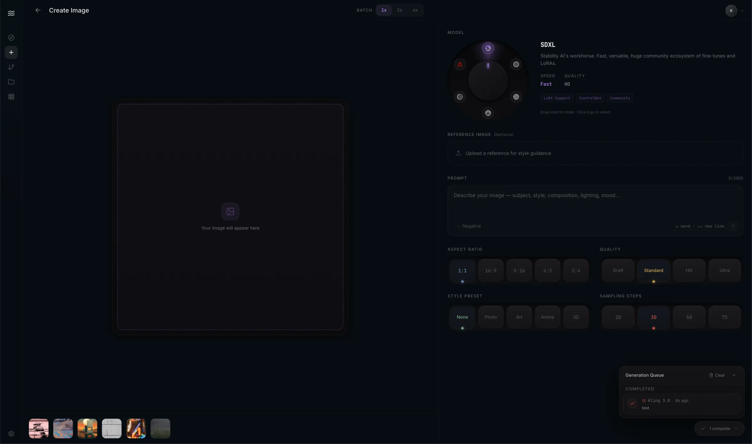 Kiwa image model page for Flux Pro. The screen shows a model detail header with provider, model name, photorealistic description, tags, speed, cost, resolution, aspect ratios, and a grid of recent creations beneath it.