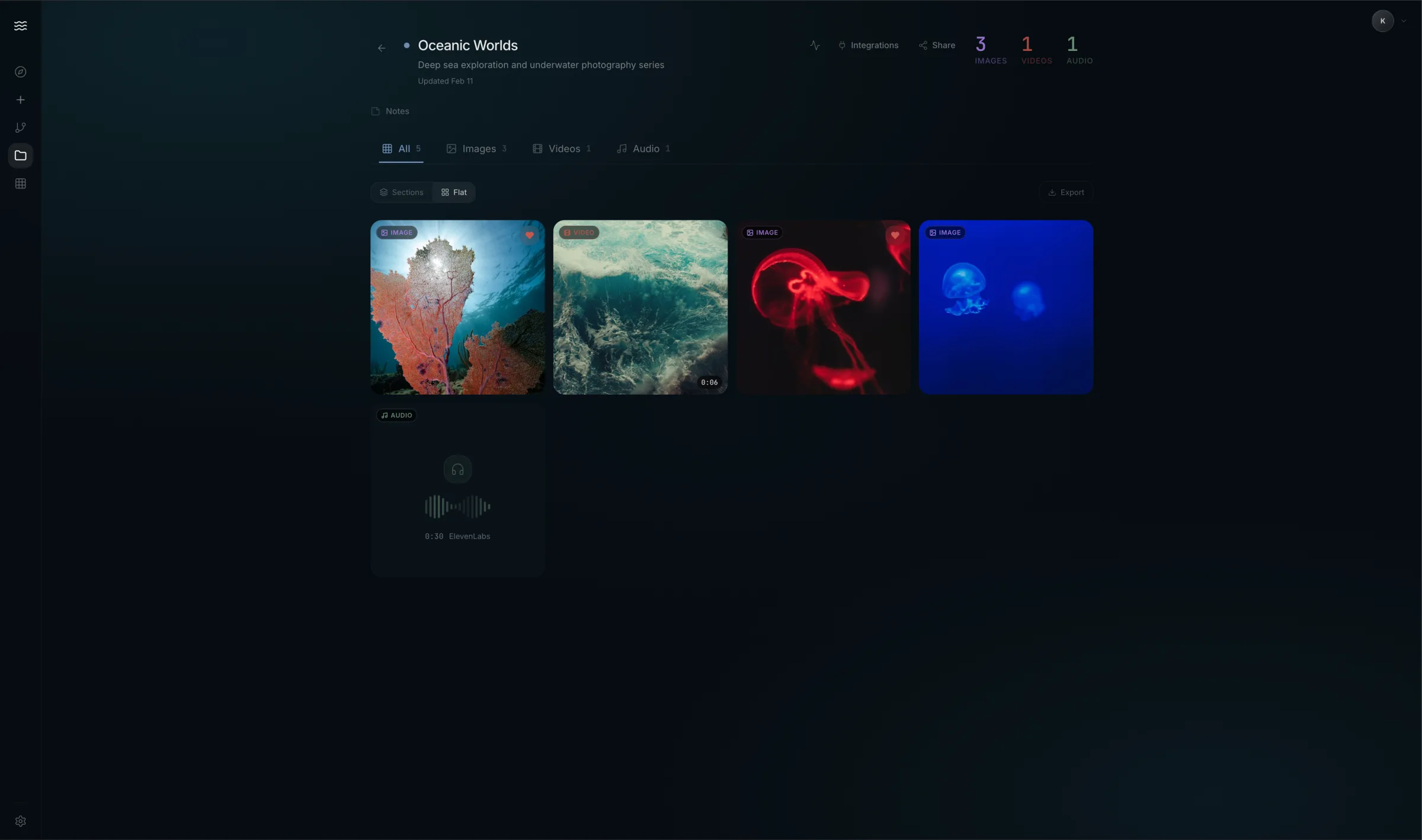 Kiwa Oceanic Worlds library showing a saved project with three images, one video, and one audio item. Tabs filter All, Images, Videos, and Audio. A compact grid shows underwater coral, ocean foam, red jellyfish, blue jellyfish, and an audio card from ElevenLabs.