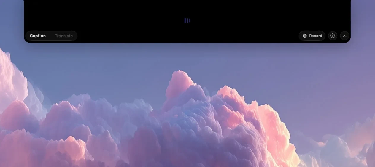 NotchLive caption mode open over a pastel cloud background. The notch bar shows Caption and Translate modes, a live listening indicator, Record, settings, and collapse controls.