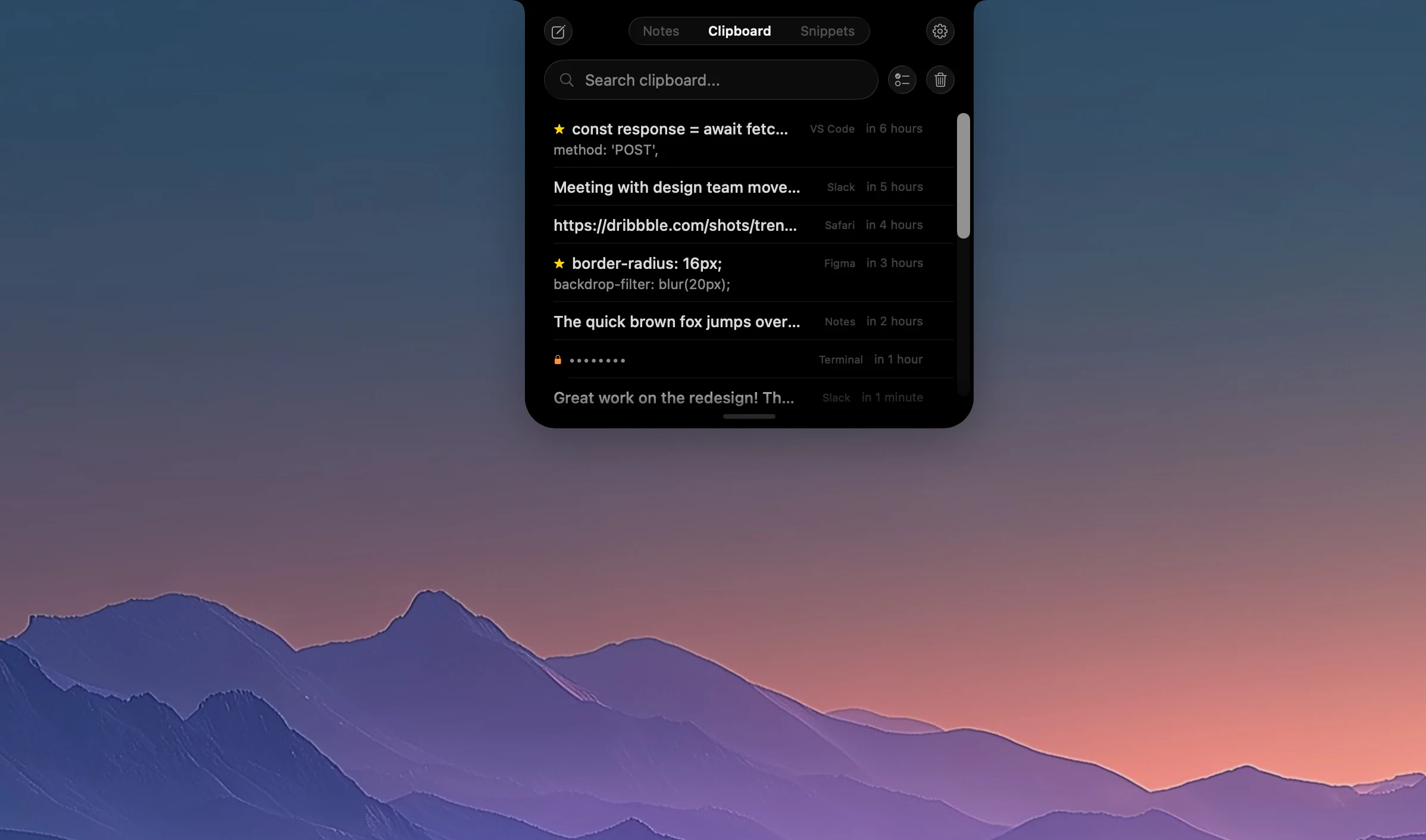 NotchPad clipboard view open from the notch. Search, filter, delete, pinned clipboard items, source app labels, timestamps, protected content, and a scroll state are visible in the dark local clipboard history.