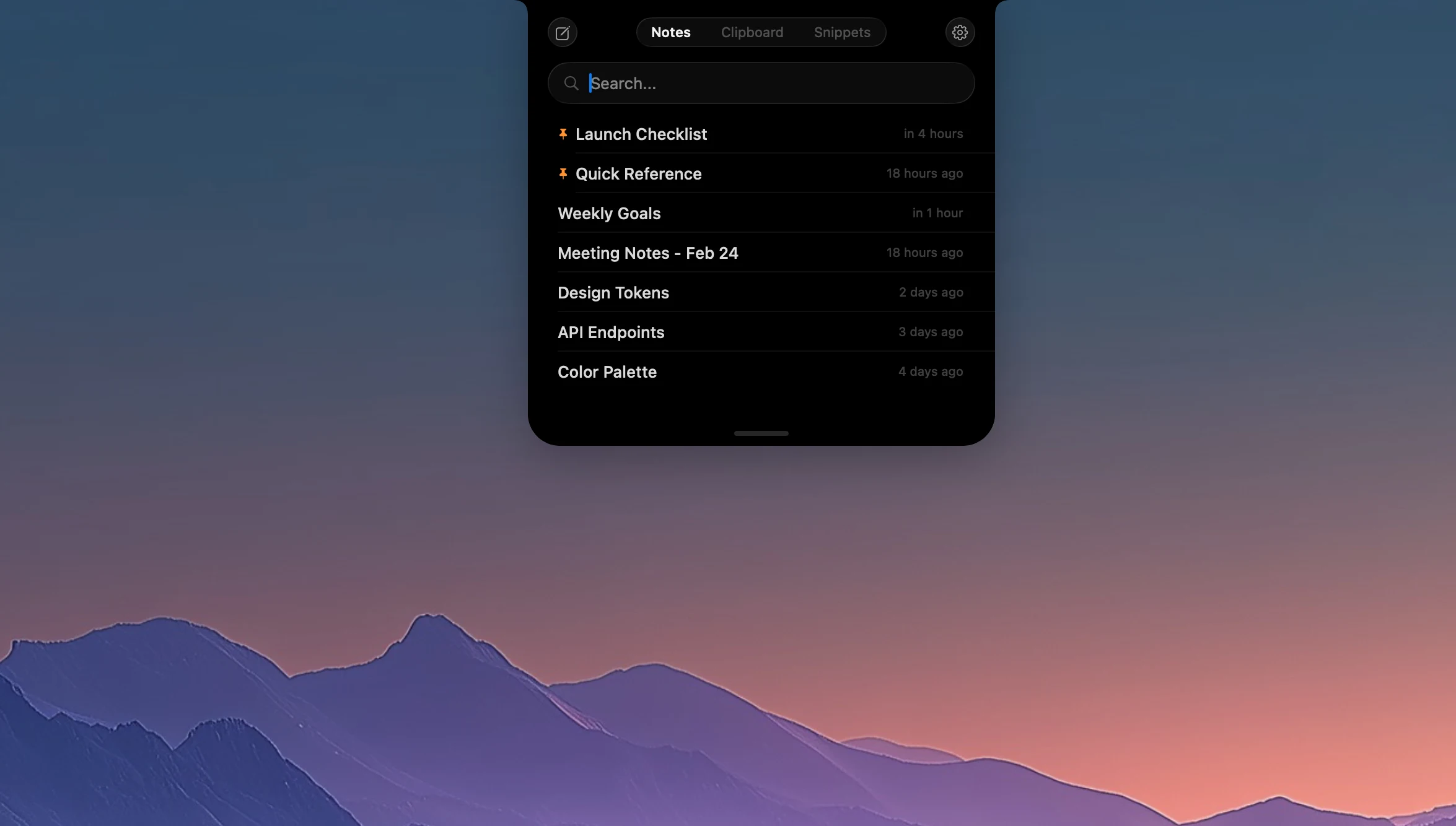 NotchPad notes view open around the MacBook notch over a mountain wallpaper. The dark panel shows Notes, Clipboard, and Snippets tabs, search, pinned notes, recent notes, settings, and a quick compose button.
