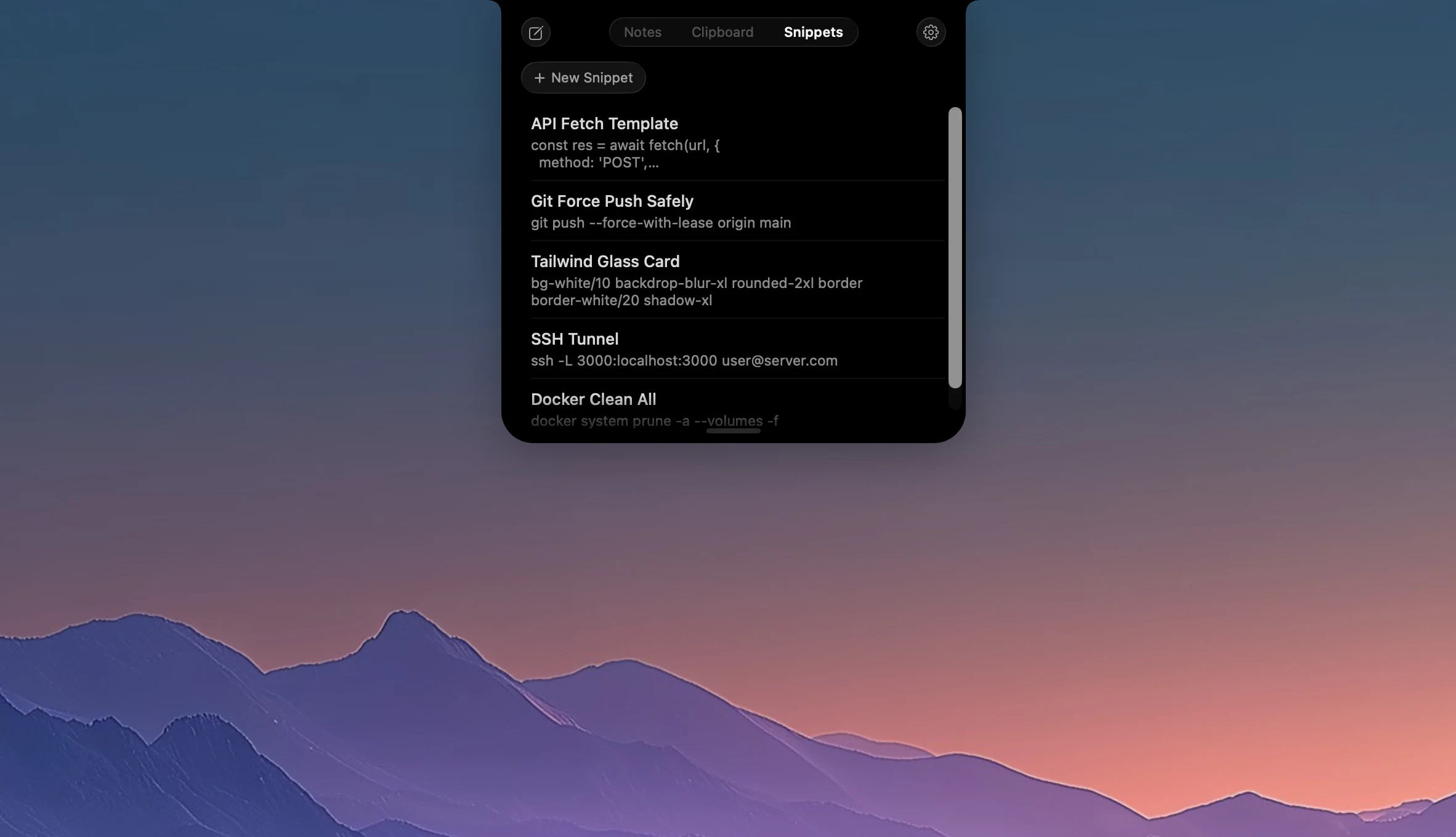 NotchPad snippets view open from the notch. A new snippet action sits above reusable snippets for API fetch templates, git commands, Tailwind classes, SSH tunnels, and cleanup commands.