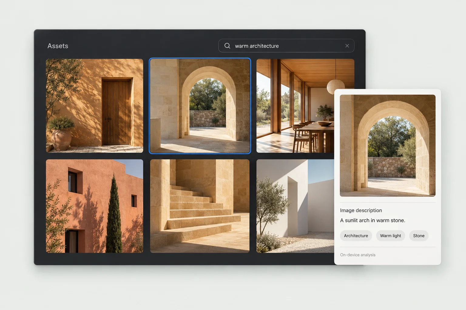 Feature illustration of Rasterloom's local asset library, showing an architecture search, image results, and a selected asset's description and tags.