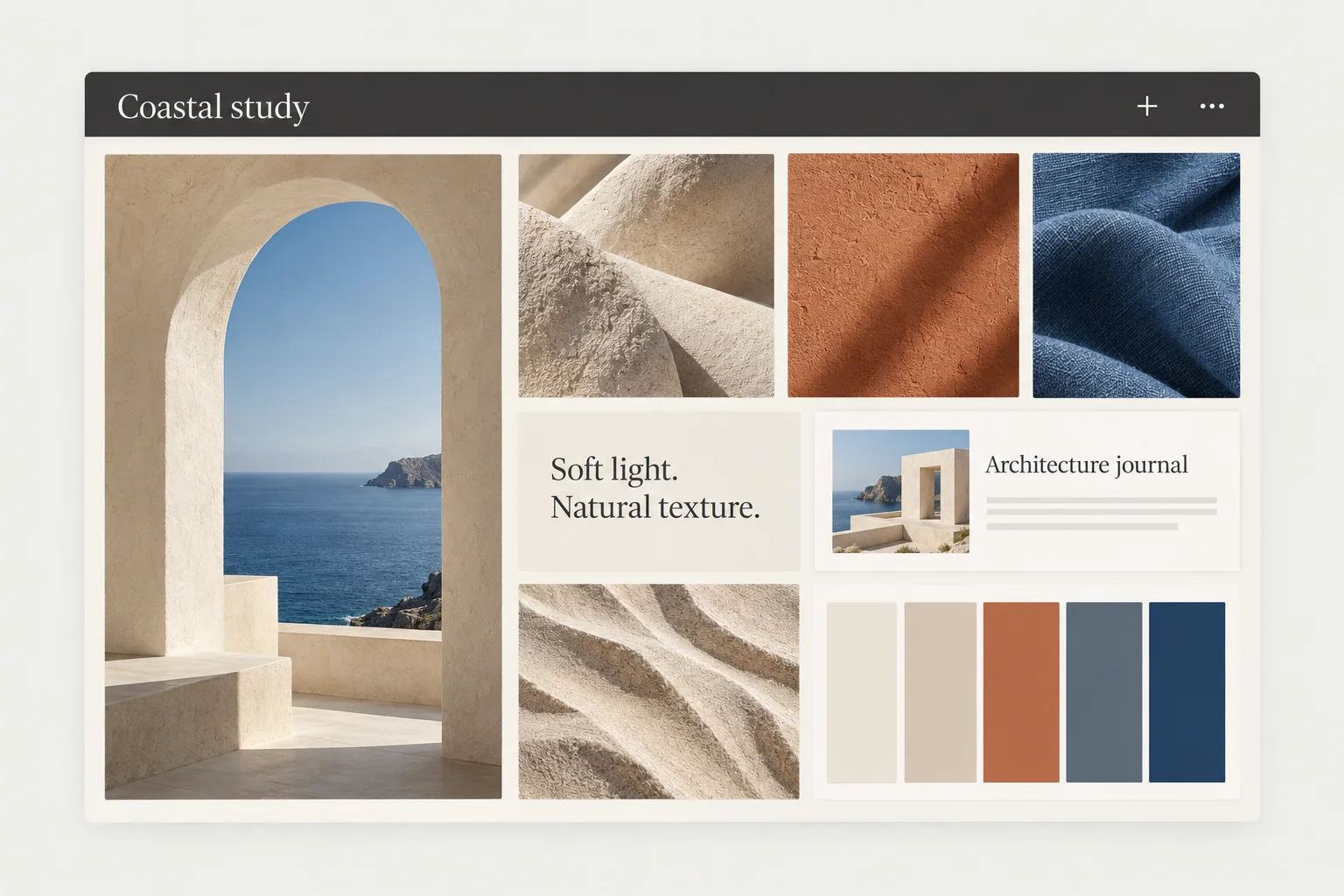 Feature illustration of a Rasterloom moodboard with architecture photographs, texture references, a saved link, a note, and color swatches arranged in a grid.