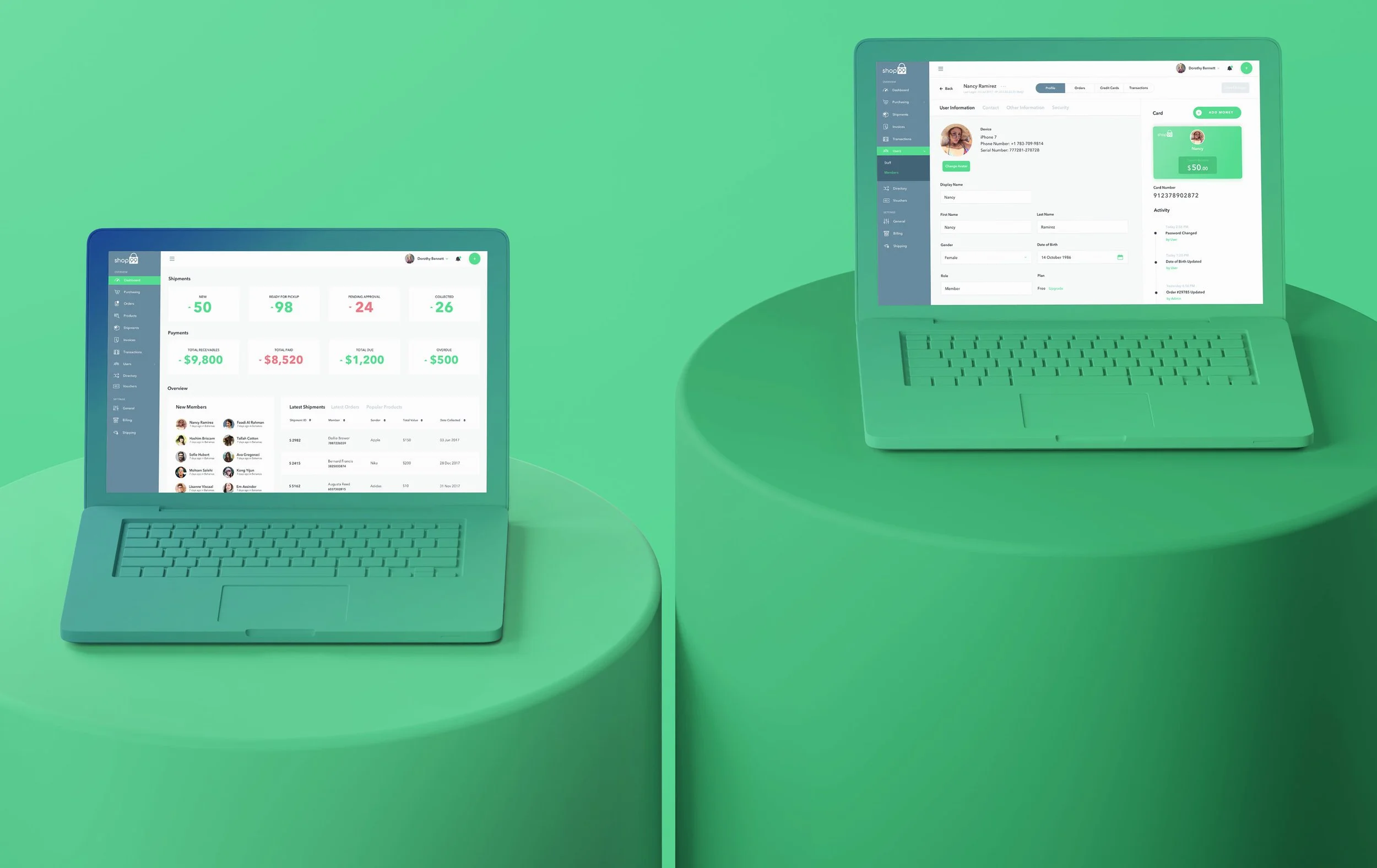 Two laptops on green pedestals showing the Shop 99 back-office. The closer screen is the operations dashboard: "Shipments" tiles read New 50, Ready for shipment 98, Pending Approval 24, Cancelled 26; "Payments" tiles read Total Receivable $9,800, Total Paid $8,520, Total Due $1,200, Refunds $500; below sit "New Members" and "Latest Shipments" tables. The further screen is a customer detail view for "Nancy Banner", with profile photo, contact and personal information forms on the left, gift-card and activity panels on the right.