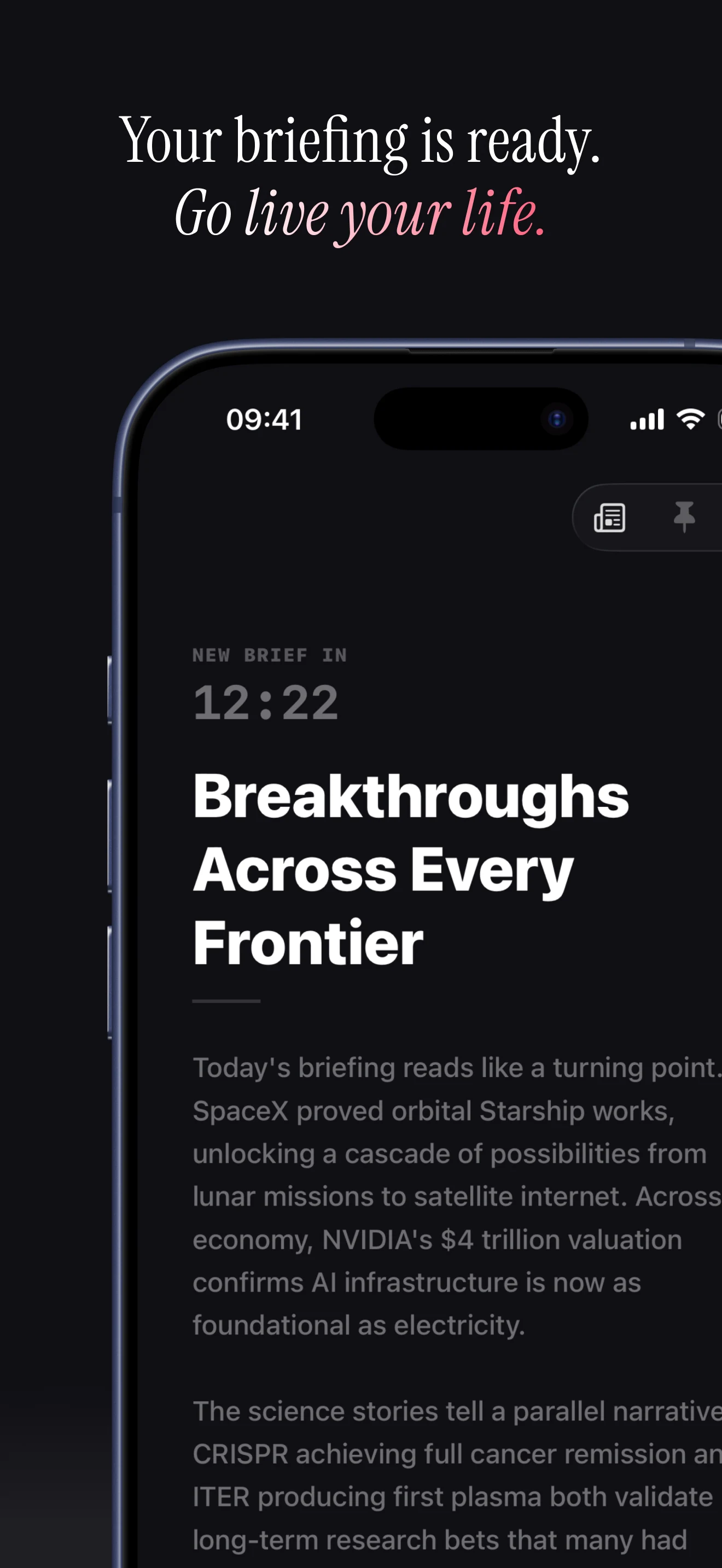Signal News debrief screen showing a briefing-ready message and a narrative summary titled "Breakthroughs Across Every Frontier."