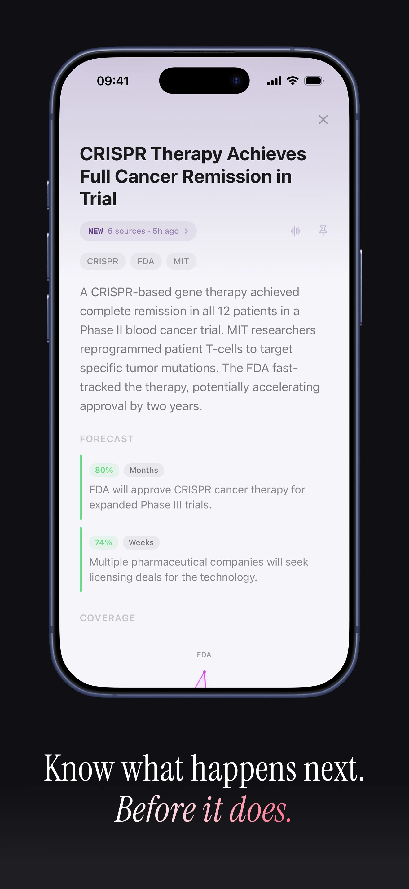 Signal News prediction screen for a CRISPR therapy story with forecast cards, confidence levels, and future approval outcomes.