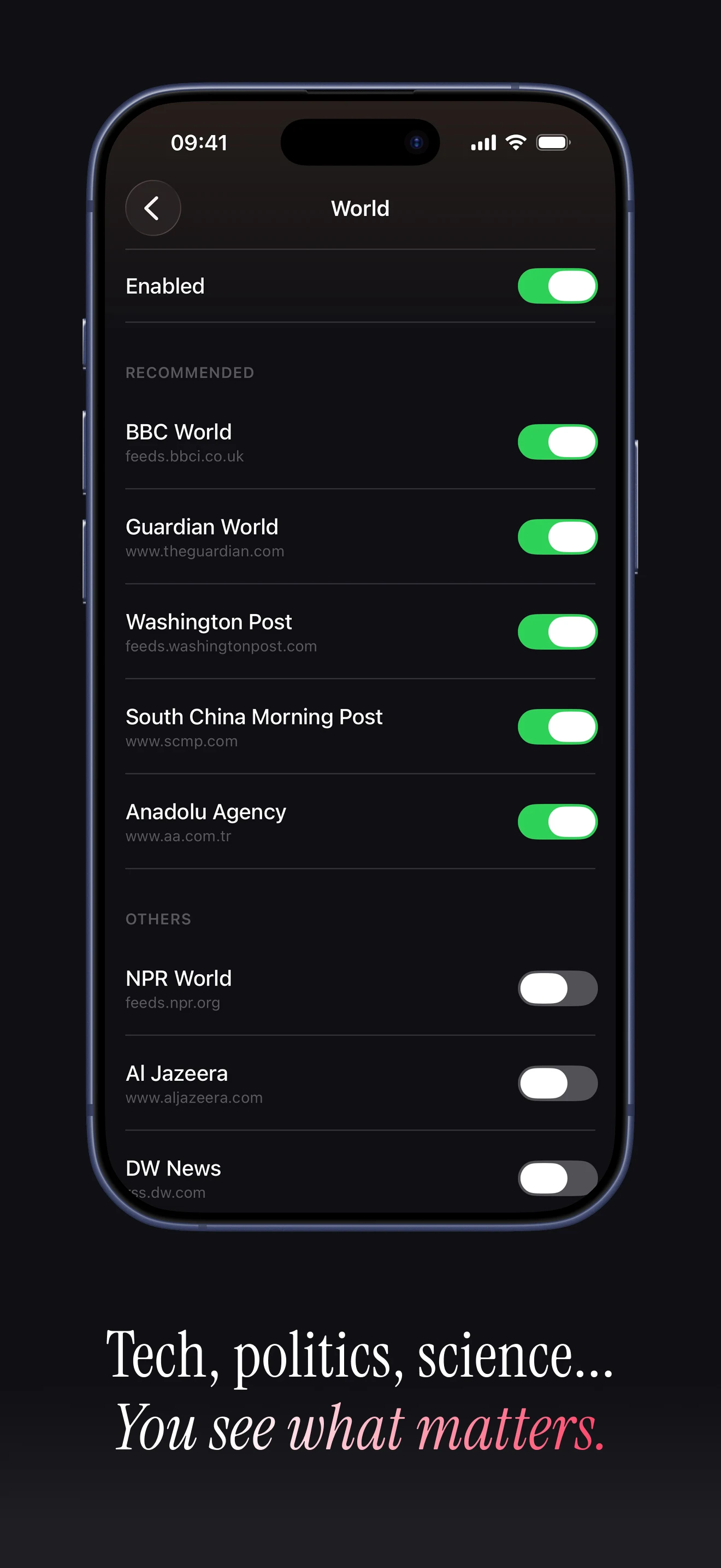 Signal News source settings screen showing enabled world-news feeds such as BBC World, Guardian World, Washington Post, South China Morning Post, and Anadolu Agency.