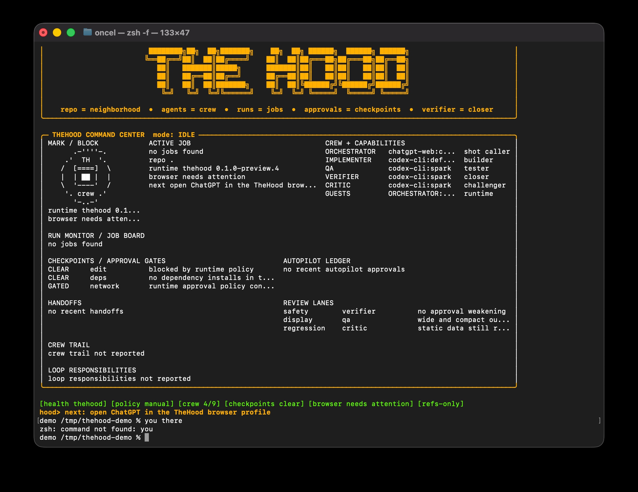 TheHood terminal command center showing the ASCII logo, active job state, crew roles, approval gates, autopilot ledger, review lanes, and a browser attention prompt.