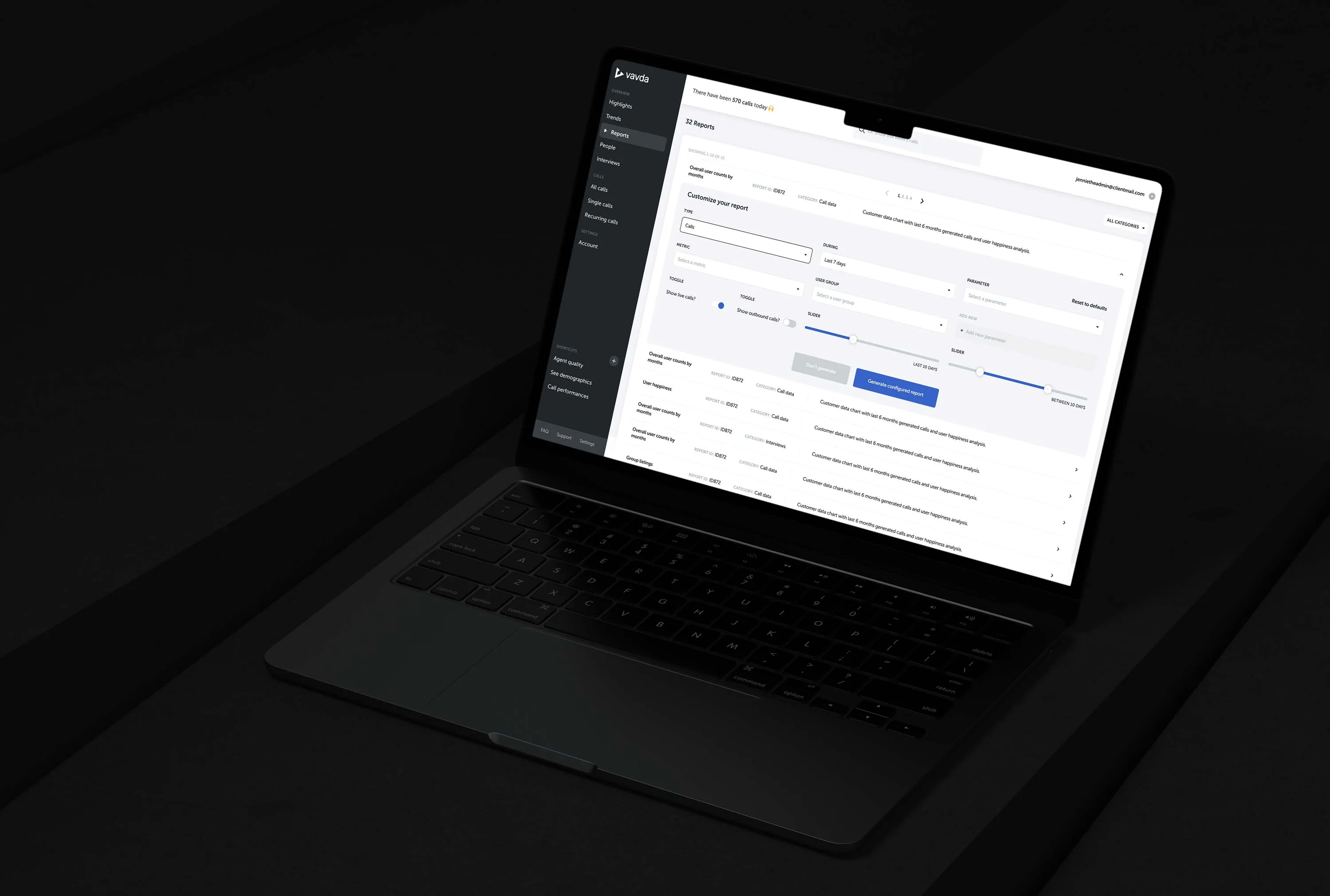Vavda report builder on a laptop in a dark setting. The screen shows a reports workspace with a left navigation rail, a customised report form, dropdown filters for type, metric, user group, and parameter, range sliders, toggle controls for live and outbound calls, and a generated report list below.