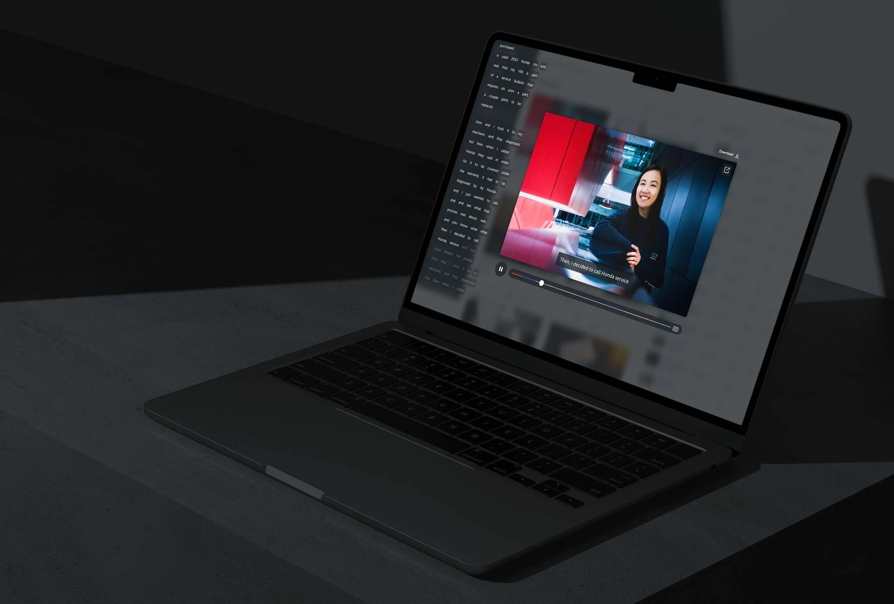 Vavda video analysis view on a laptop. A central video player sits over a blurred analysis surface with transcript text on the left, subtitles in the player, playback controls, a progress timeline, and download or open actions in the top right.