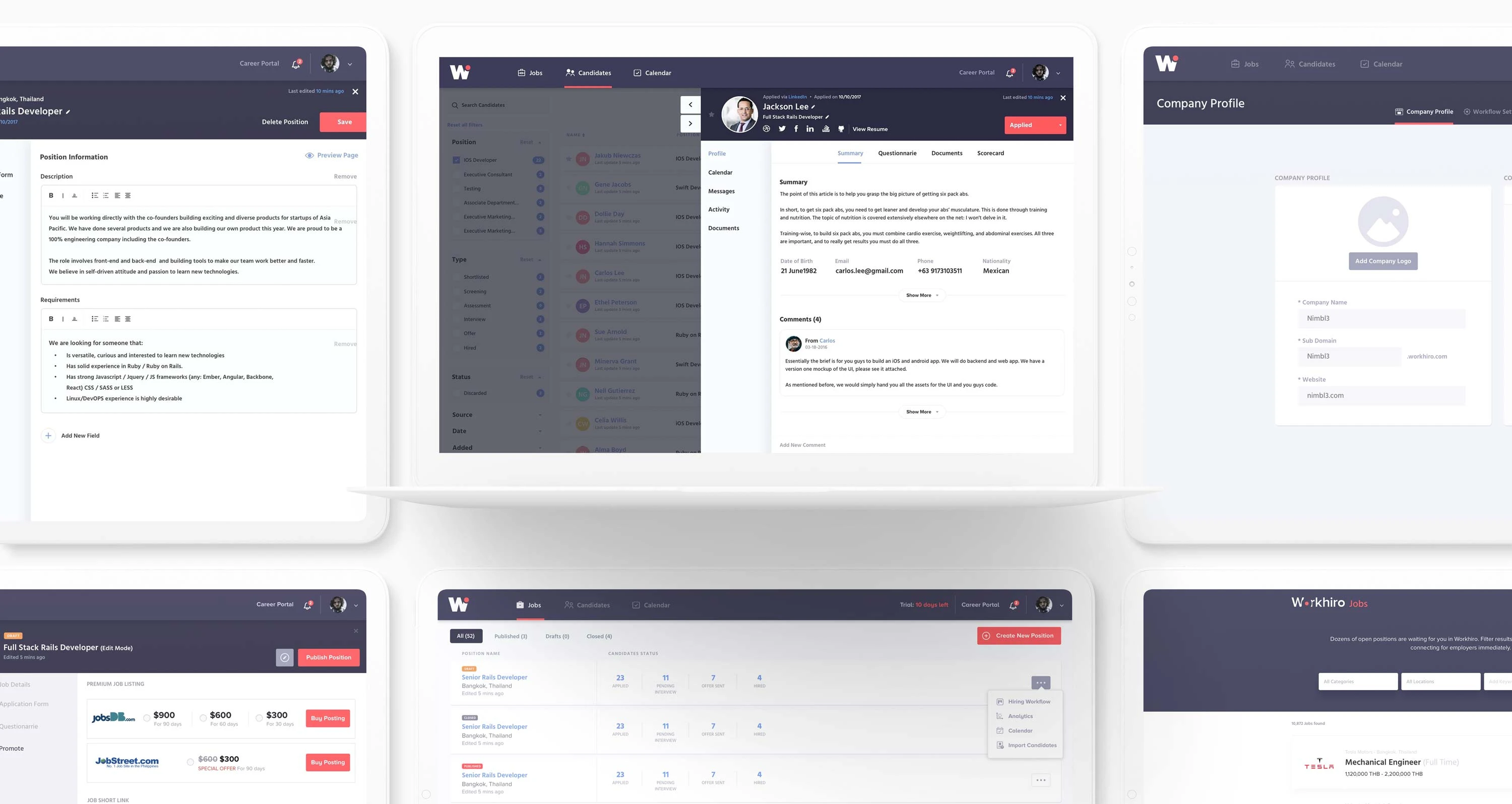 Workhiro system overview: six product surfaces tiled together on a paper-grey background. Top row: a position editor with description and requirements; a position kanban with stage columns and stacked candidate rows; a candidate profile with summary, comments, and metadata; a company profile setup with logo upload, company name, sub division, website. Bottom row: a job listing distribution sheet pricing JobsDB, JobStreet, and others; a position dashboard with All Jobs / Published / Drafts / Closed tabs and counts per stage; a public-facing Workhiro Jobs portal with a Mechanical Engineer card.