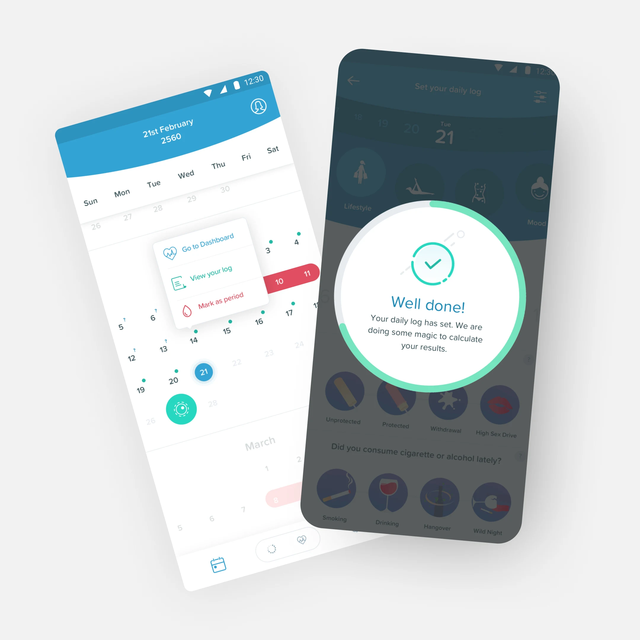 Yesmom calendar and daily-log confirmation screens. One phone shows a month view with actions for dashboard, logs, and marking a period; the other shows a soft success state saying the daily log has been set.