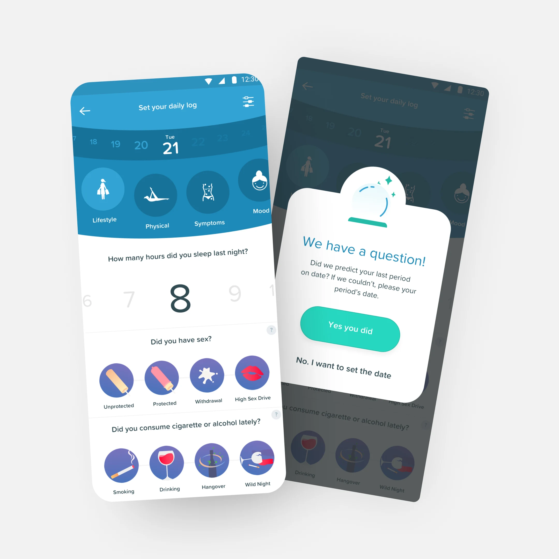 Yesmom daily log screen with lifestyle, physical, symptoms, and mood categories above a sleep-hours selector and health habit options. A second dimmed screen shows a gentle modal asking whether the app predicted the last period date correctly.