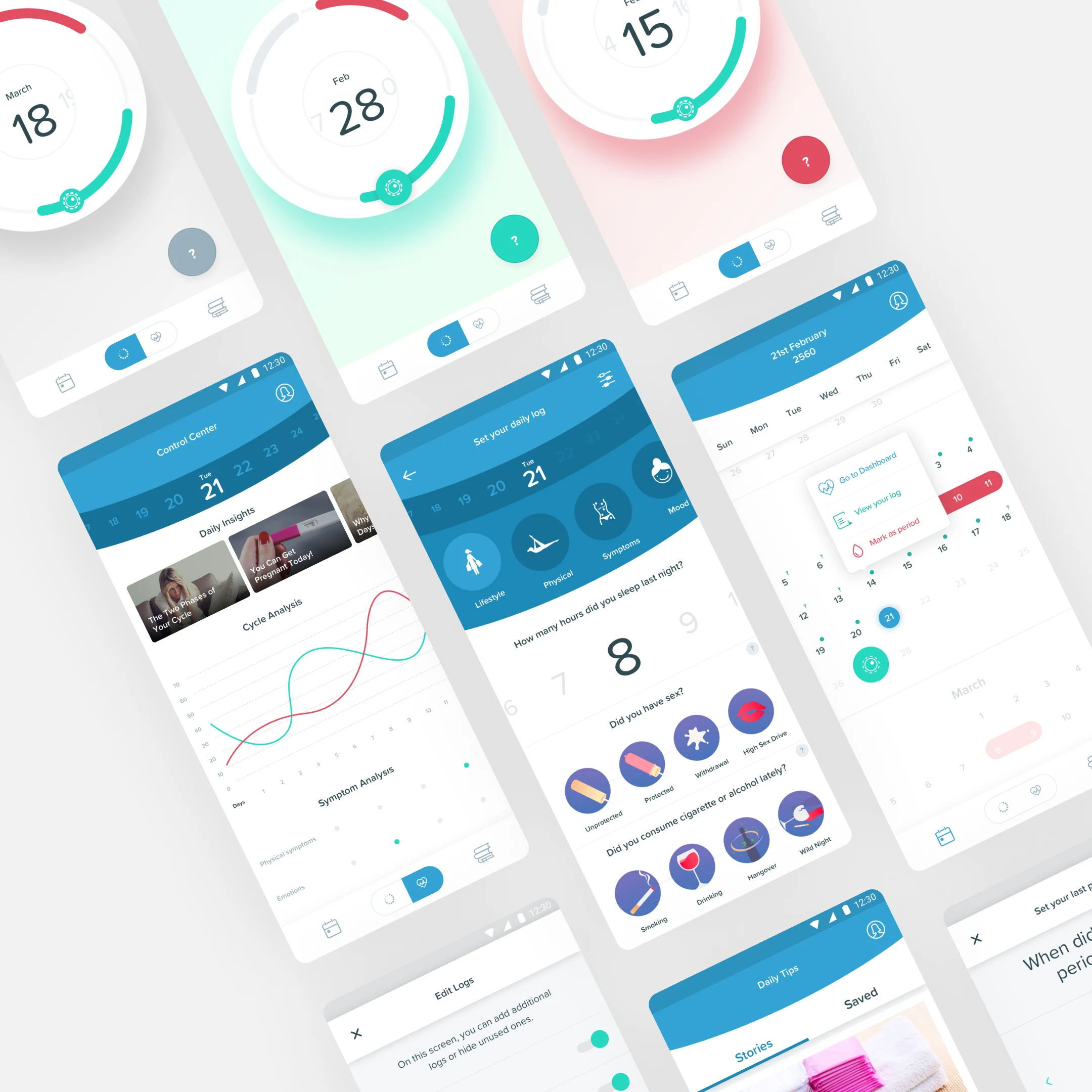 Yesmom product system collage showing fertility, dashboard, daily log, calendar, tips, and edit-log screens arranged diagonally on a pale background.